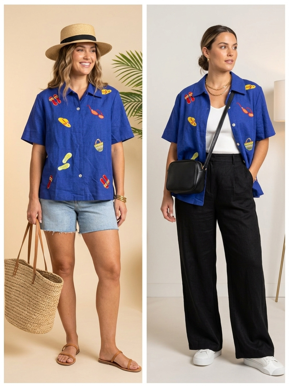 Women's Blue Linen Blend Shirt Embroidered Tropical Boho Coastal Resort Size 16
